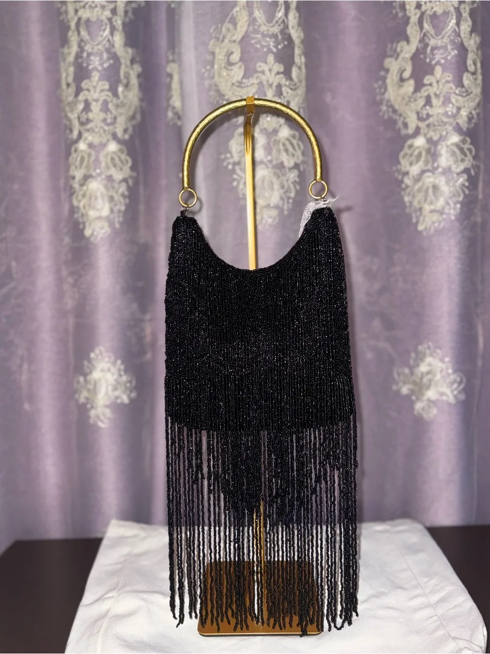 NWT “From India to You” Hand Beaded Black Fringe Evening Bag - Gold Metal Handle